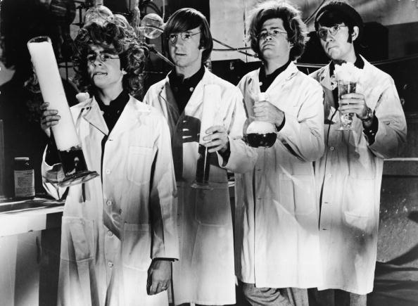 From the TV show The Monkees pose as mad scentists