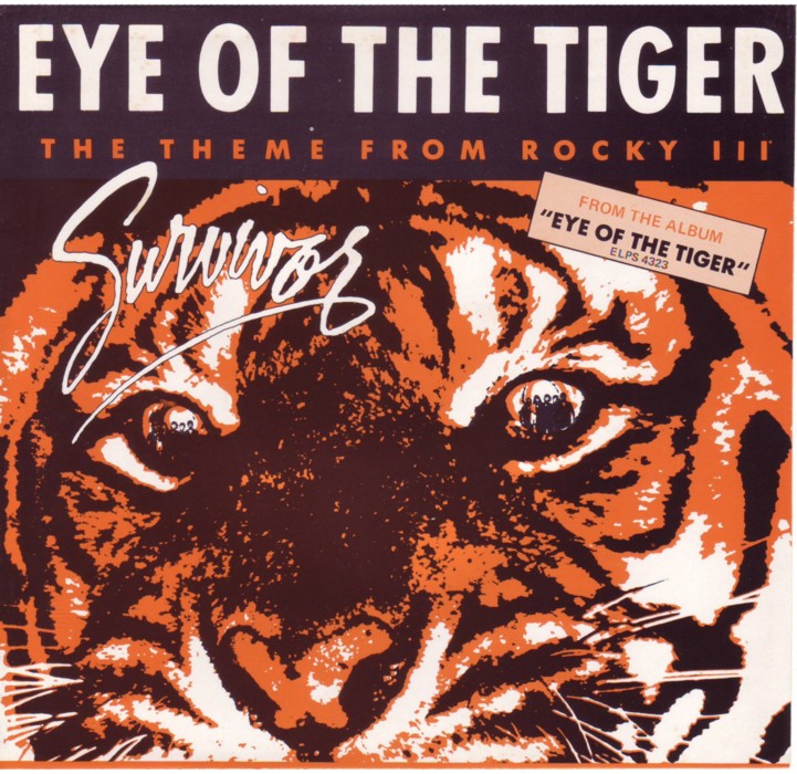 Survivor 45' sleeve to Eye of the tiger. Showing a generated Tiger close up in a roar with the bands logo to the left of center