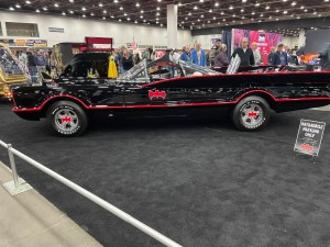 the batmobile is displayed at the Detroit Autorama.
