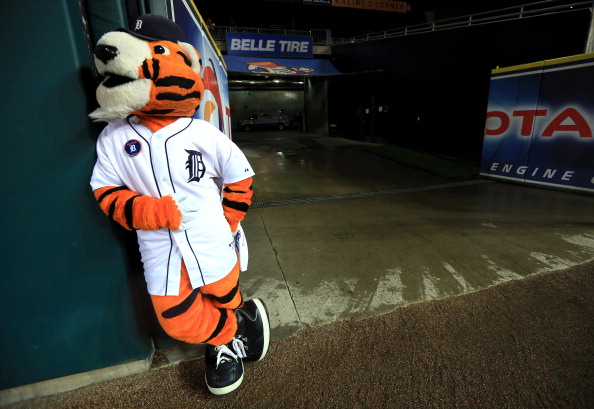 Paws, the mascot of the Detroit Tigers, poses