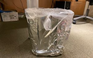 trashcan wrapped in tin foil: best office prank