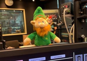 a stuffed animal version of the Woody The Gnome Vernors Mascot, sits at a counter in a radio studio