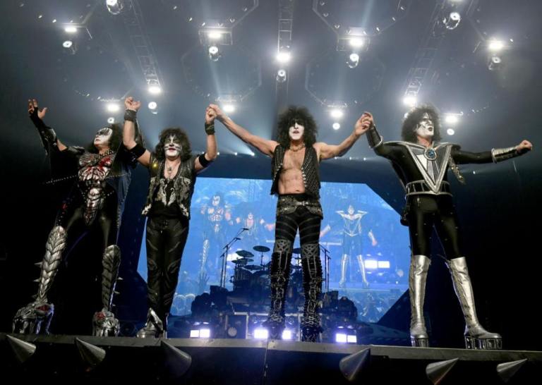 Gene Simmons, Eric Singer, Paul Stanley and Tommy Thayer of Kiss perform onstage at Staples Center on March 04, 2020 in Los Angeles, California.