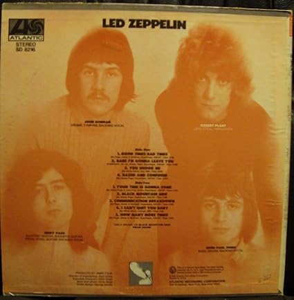 Back of Led Zeppelin's First Album Cover List of songs and a photo of all 4 band members