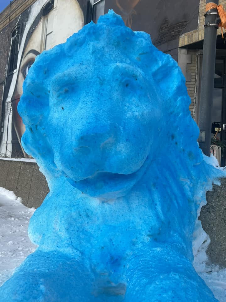 The Gonzo Lion painted blue for the hometown football team 