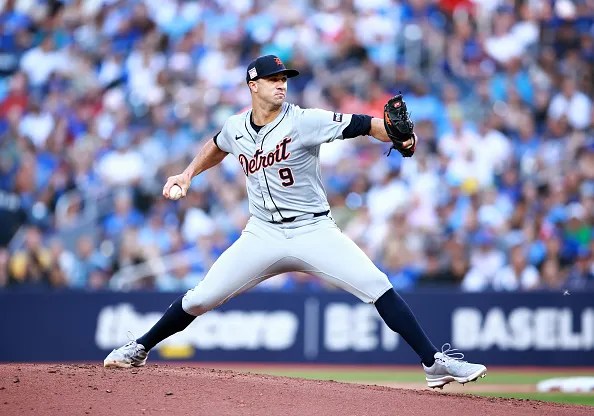 Jack Flaherty #9 of the Detroit Tigers delivers a pitch in the first inning during a game against the Toronto Blue Jays at Rogers Centre on July 19, 2024 in Toronto, Ontario, Canada. Bally Sports is back on your TV.