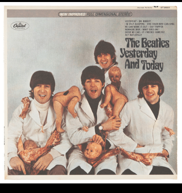 the infamous “butcher” cover, with John, Paul, George and Ringo draped in dismembered dolls and pieces of meat. It was swiftly withdrawn and replaced with much more tame artwork